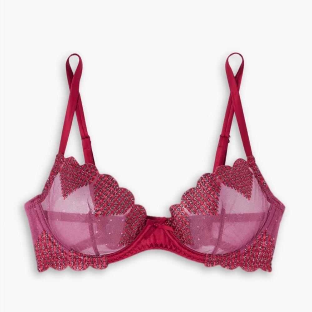 FLEUR DU MAL Women’s Metallic Embroidered Tulle Underwire Bra - 34C - New